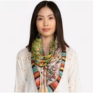 Johnny Was Modey Silk Braided Fringe Trim at Corners Scarf 40"L x 44"W  Multi
